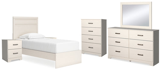 Stelsie Twin Panel Bed with Mirrored Dresser, Chest and 2 Nightstands