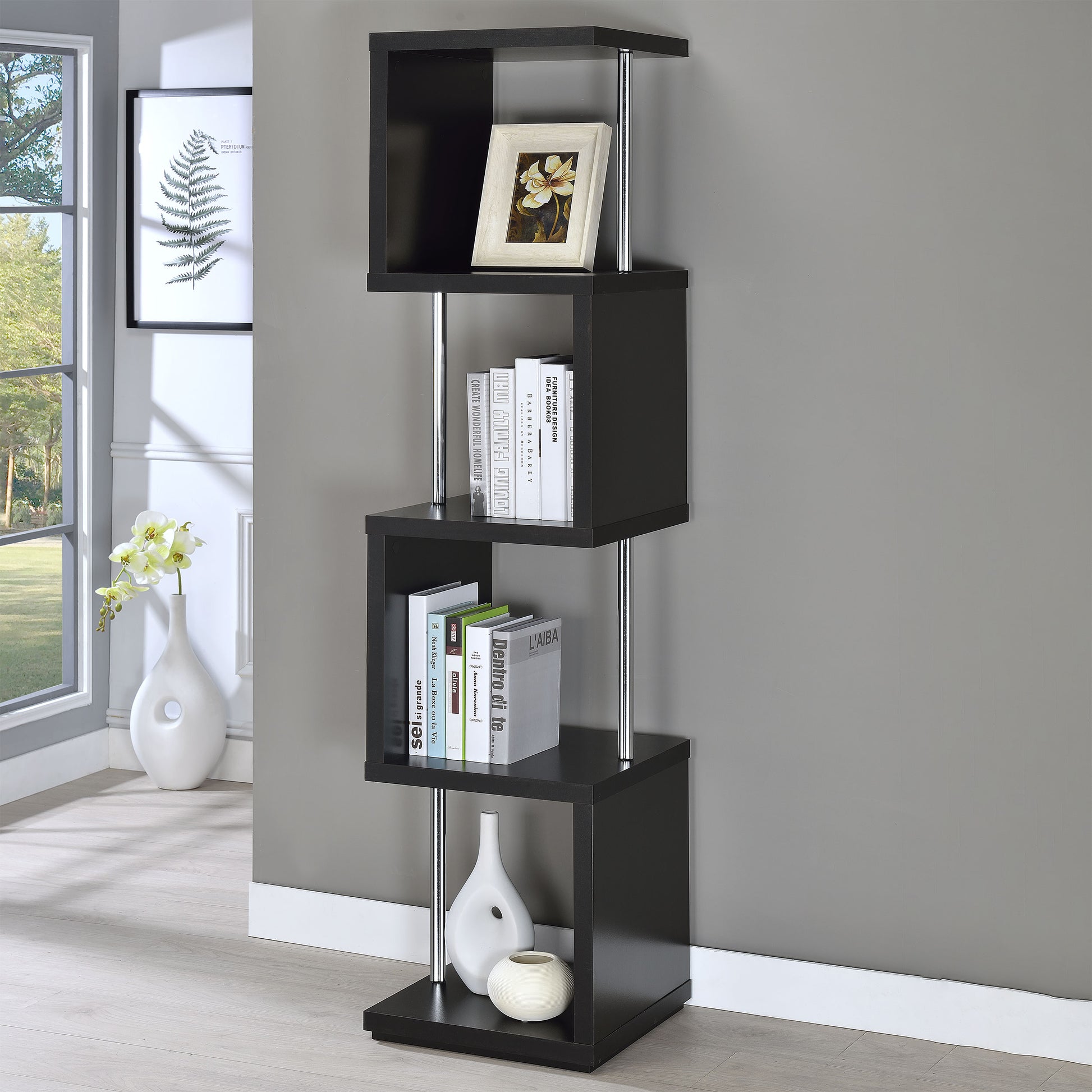 Baxter 67-inch 4-shelf Bookshelf Black and Chrome – Charisma